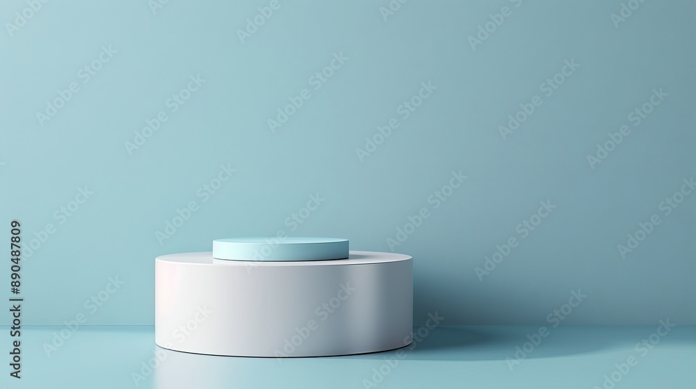 A white and blue sculpture sits on a blue wall A white and blue sculpture sits on a blue wall