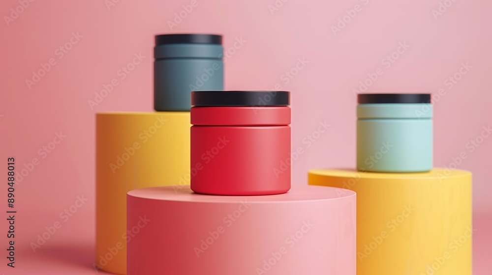 Three jars of different colors are placed on a yellow pedestal Three jars of different colors are placed on a yellow pedestal