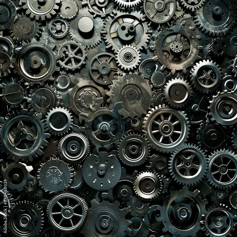 Steampunk Gears. Generated image. A digital illustration of many kinds of non-overlapping steampunk gears, silver tone, black color background. Steampunk Gears. Generated image. A digital illustration of many kinds of non-overlapping steampunk gears, silver tone, black color background.