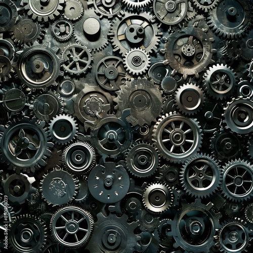Wallpaper Mural Steampunk Gears.  Generated image.   A digital illustration of many kinds of non-overlapping steampunk gears, silver tone, black color background. Torontodigital.ca