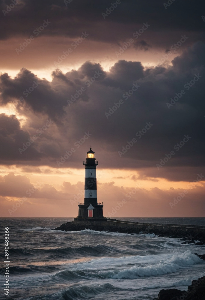A lonely lighthouse silhouetted against a stormy sunset. A lonely lighthouse silhouetted against a stormy sunset.