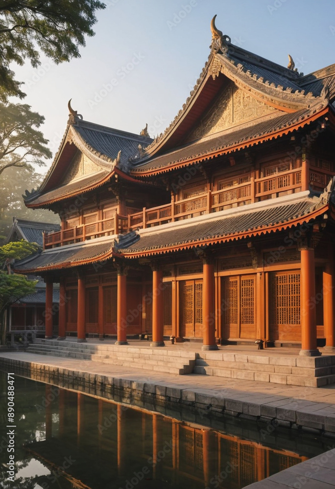 A peaceful temple bathed in the soft glow of morning light. A peaceful temple bathed in the soft glow of morning light.