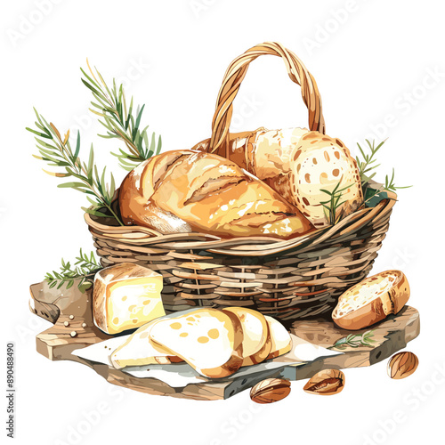 Fresh baked bread, rosemary and cheese in a basket, rustic wooden board, watercolor illustration