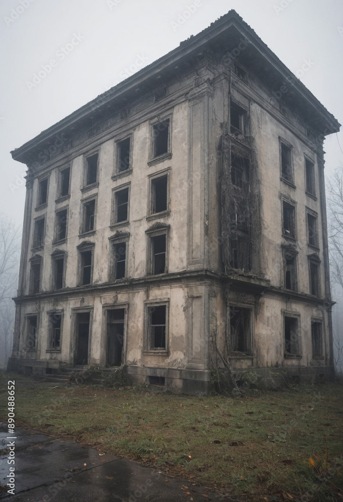 Fototapeta premium An abandoned building shrouded in mist, creating an eerie atmosphere. 
