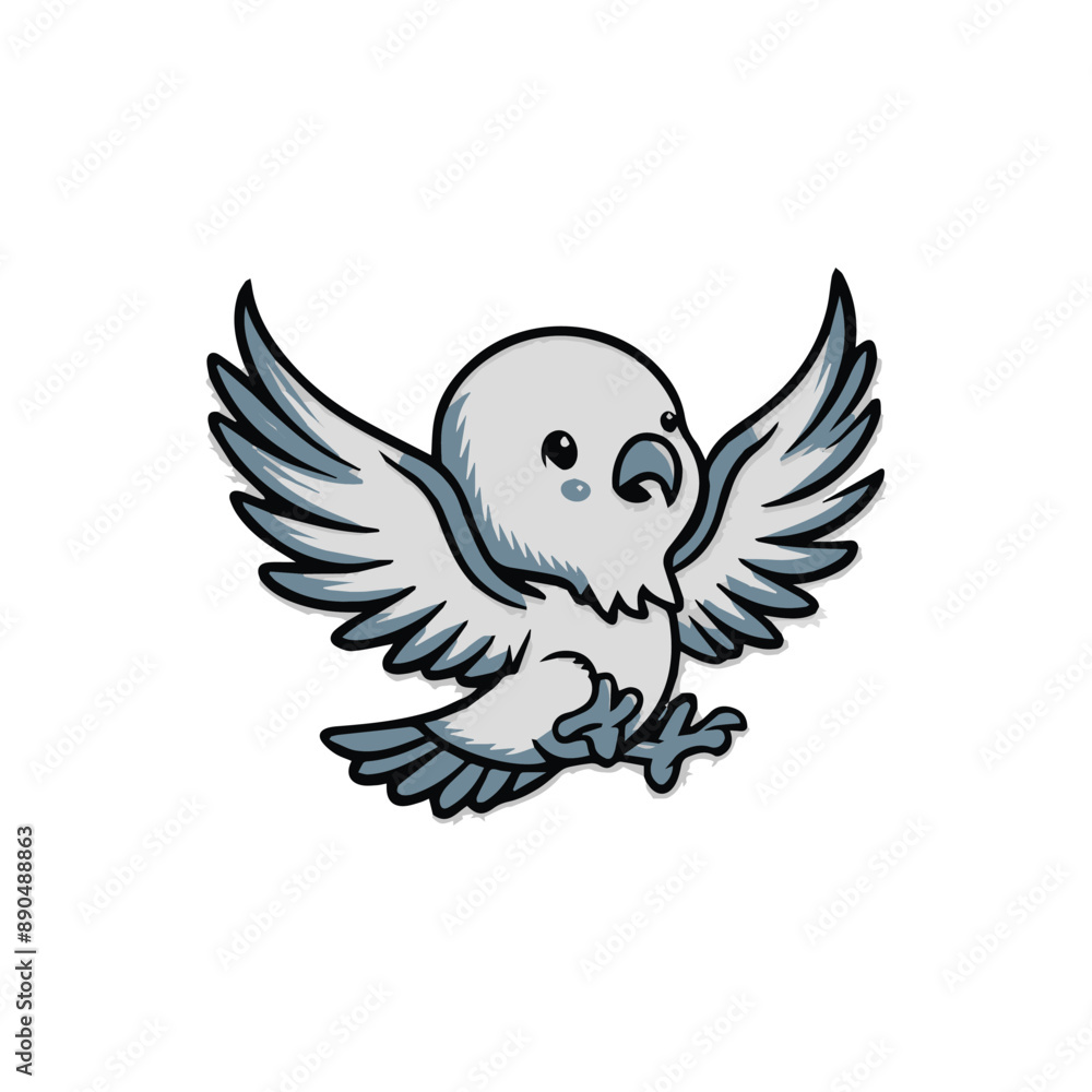 Fototapeta premium A cartoon grey bird with blue highlights on its wings, flying with wings spread wide