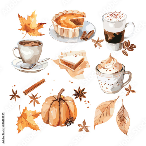 Watercolor Illustration of Autumn Treats. Pumpkin, Pie, Coffee, and Leaves