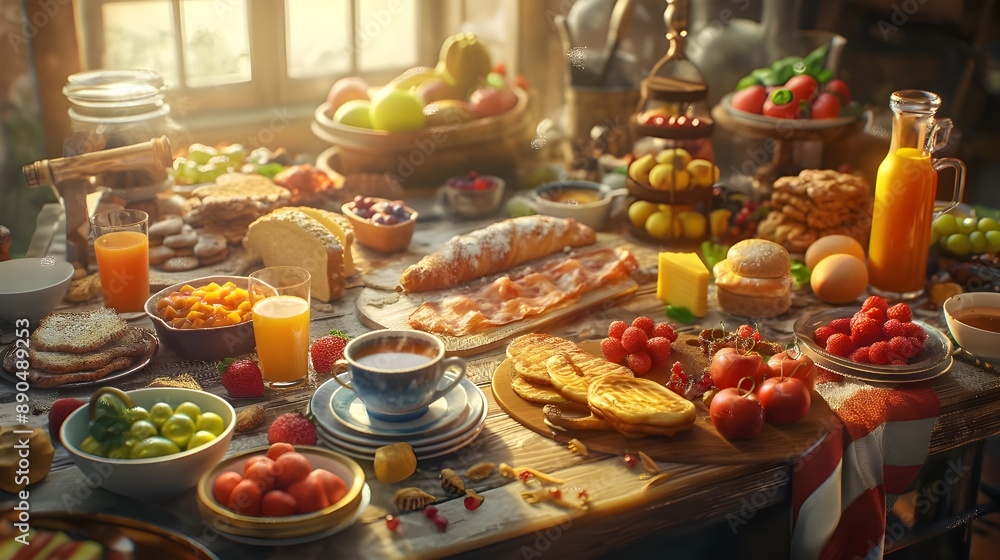 breakfast table filled with a variety of foods. Freshly baked bread, scrambled eggs, crispy bacon, food table breakfast table filled with a variety of foods. Freshly baked bread, scrambled eggs, crispy bacon, food table