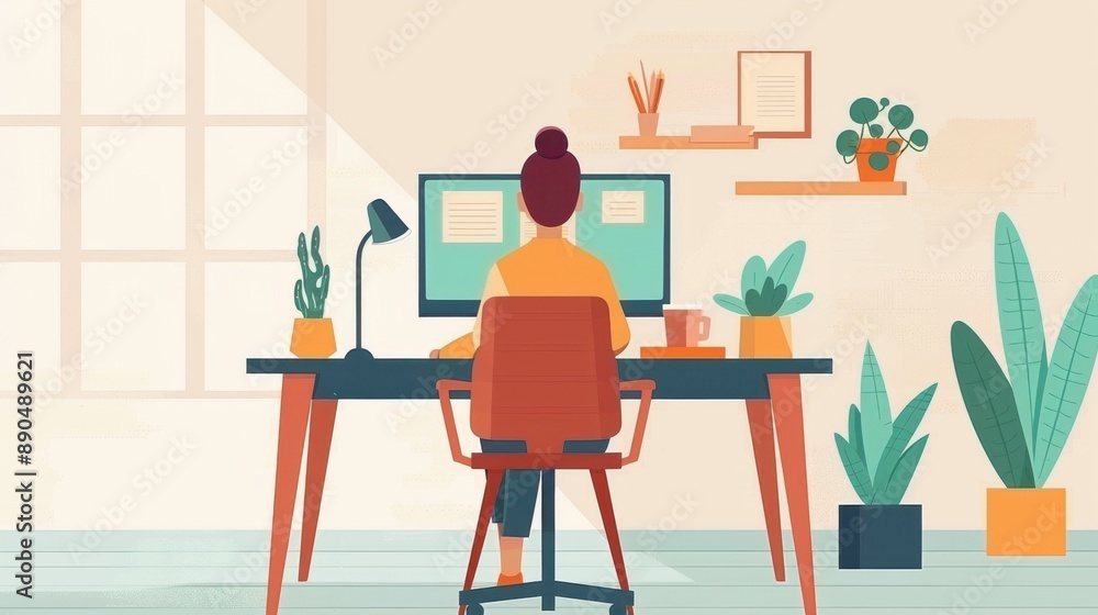 Fototapeta premium Telecommuting, worker at home with desktop computer, flat design illustration