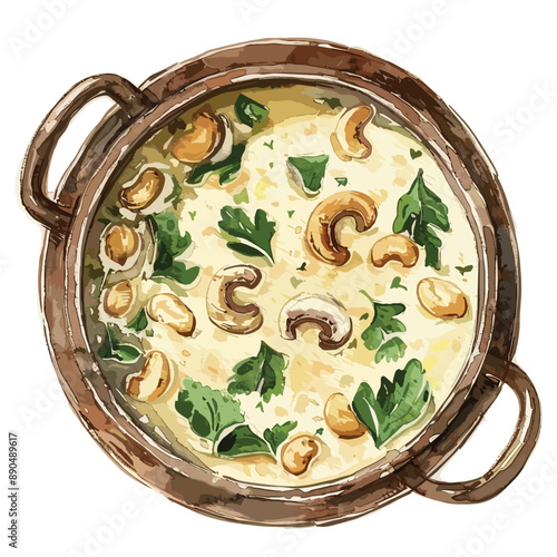 Creamy cashew soup with fresh parsley, watercolor illustration