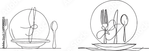 Hand drawn cutlery, cooking utensils in one line for restaurant logos and menu covers in modern linear style.