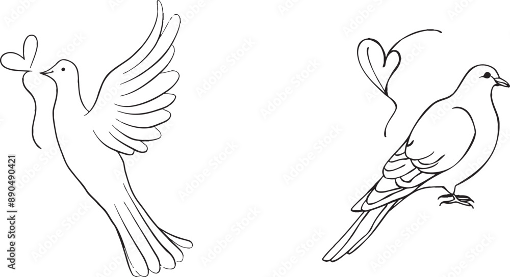 Dove with heart continuous one line drawing. Love bird symbol. White illustration. Dove with heart continuous one line drawing. Love bird symbol. White illustration.