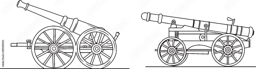 Fototapeta premium Drawing of one line for a cannon. Drawing of one line for a cannon on the battlefield. Drawing of army warfare equipment in one line on a battlefield.