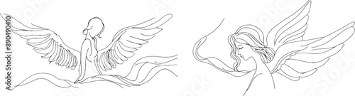 A line drawing of an angel surrounded by a white background. The angel concept minimalist design for a logo.