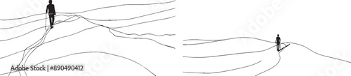 One line art design of a man walking away from a vantage point in the back.