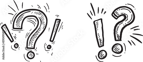 This is a one-line art created with question and exclamation marks, hand drawn asking and admiration signs, and continuous contour lines.