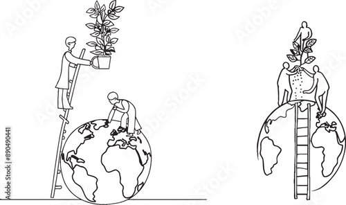 In this continuous one line drawing, an Arab woman and a man plant trees in an attempt to green the earth. They reduce excess pollution and safeguard the planet.
