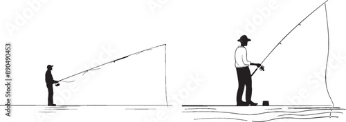 Line icon of fisherman. Continuous one line with curl. Fishing place sign. Fisherman with rod symbol. Single outline ribbon of fisherman. Loop curve pattern. Modern illustration.