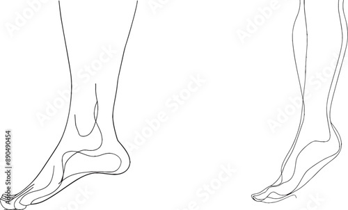 Continually drawing one line art of bare feet in a simple style with an outline.
