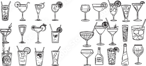 Drinks of alcohol, from classic cocktails to craft beers, shots of strongest liquors, chill whiskey, isolated modern illustration set of drinking glasses.