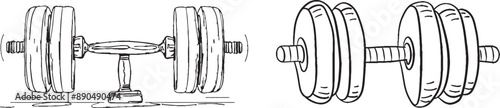 Drawing of dumbbells in continuous line. Design element for poster, banner, flyer. Sports, workouts, wellness. Editable stroke. Modern doodle illustration.