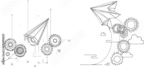 Paper airplane with gears on continuous editable line. Concept of learning, business, teamwork, and travel.