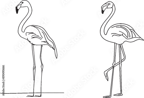 On a white background, a black line drawing of a flamingo bird has a single line outline