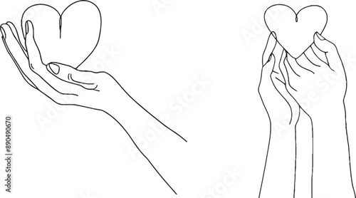 The hand holding a heart is continuously drawn in one line as a symbol of charity.