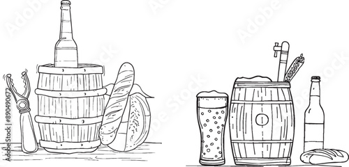 A single line illustration of a brewery set with metal beer kegs, bottle openers, and fried sausages. Modern linear illustration.