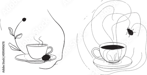 A continuous one-line drawing of a fresh vegetable greek salad bowl, a pepper mill banner. Modern poster with simole hand-drawn lines.