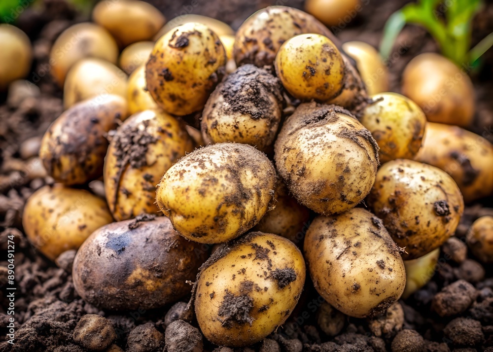 a pile of freshly harvested new potatoes, still with dirt on the surface a pile of freshly harvested new potatoes, still with dirt on the surface