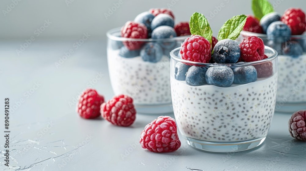 Close-up of three glass jars with chia pudding topped with blueberries and raspberries. Close-up of three glass jars with chia pudding topped with blueberries and raspberries.