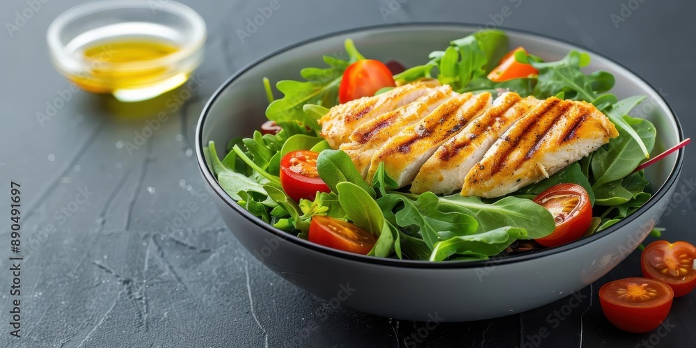 Grilled chicken breast salad with fresh greens and cherry tomatoes. Grilled chicken breast salad with fresh greens and cherry tomatoes.