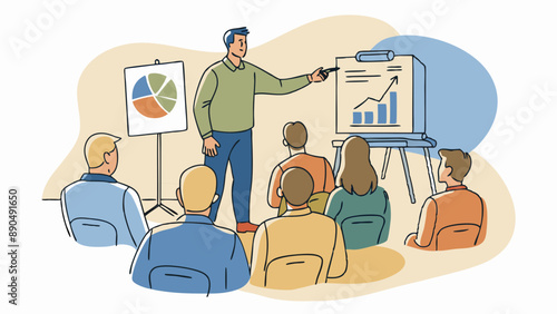 Man conducting a training or presentation in an office with a chart