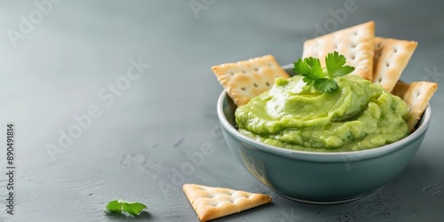 Guacamole dip with crackers in a bowl.