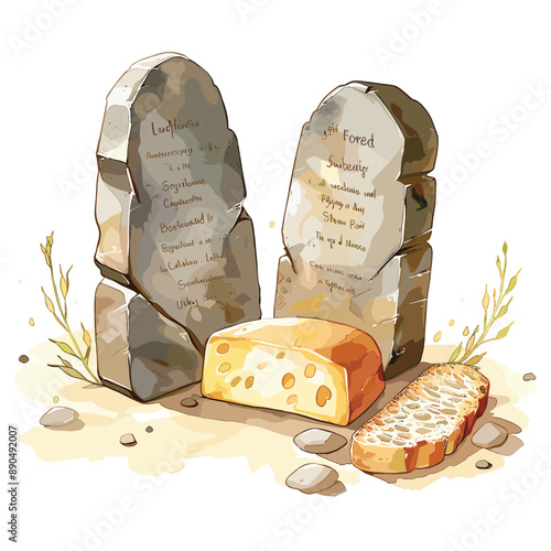 Stone Tablets with Cheese and Bread, Symbol of Faith and Sustenance