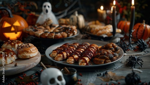 A spooky Halloween feast with creepy food items and ghostly decorations