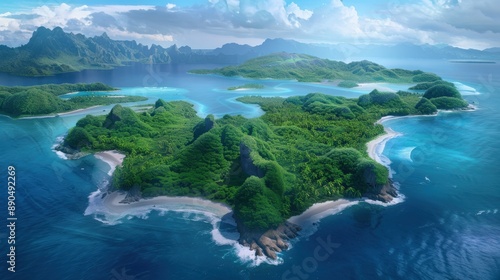 A beautiful island with a lot of trees and water. The island is surrounded by water and has a lot of islands in the distance