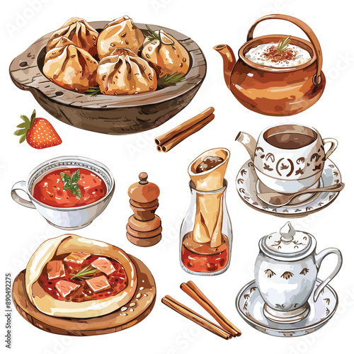 Watercolor illustration of Georgian food. Khinkali, Khachapuri, soup, tea, cinnamon, pepper, strawberry.
