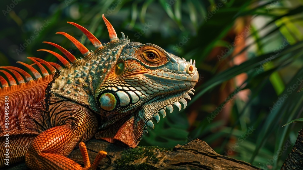 Obraz premium A lizard with red and green markings is laying on a branch. The lizard has a very distinct look to it, with its long, spiky tail and bright colors. The image has a sense of calm and tranquility