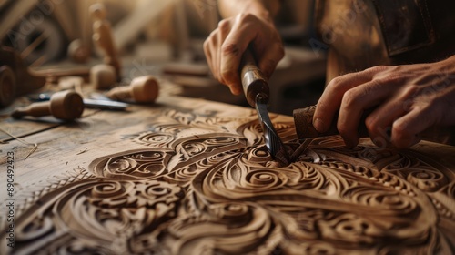 A man is carving a design into a piece of wood. The design is intricate and detailed, and the man is using a knife to carefully carve it out. Concept of patience and skill