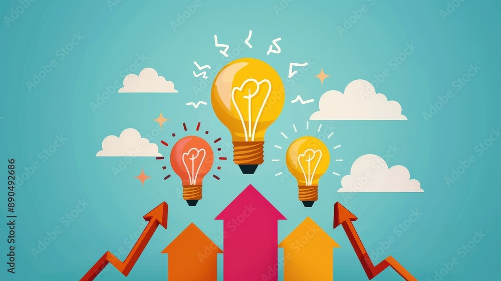 A light bulbs are shown in the air, with one of them being a yellow light. The other two are orange. The image is of a sky with clouds A light bulbs are shown in the air, with one of them being a yellow light. The other two are orange. The image is of a sky with clouds