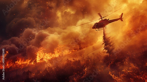A helicopter dropping water on a wildfire, with smoke and flames below