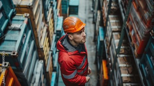 A logistics specialist inspecting goods at a distribution center, ensuring they meet quality standards before shipping The image includes various shipping containers and equipment, emphasizing the