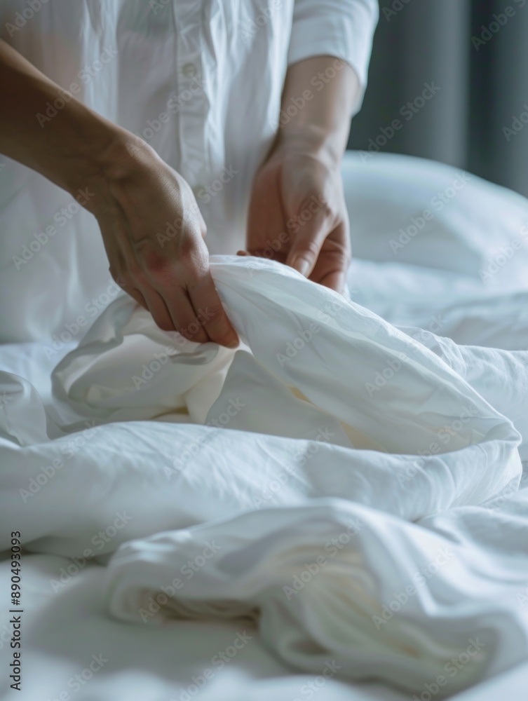 A woman puts a white sheet on a bed A woman puts a white sheet on a bed