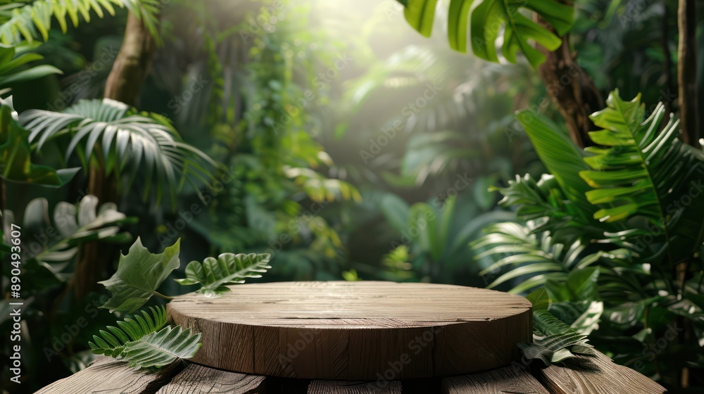 Wooden podium in tropical forest for product presentation and green background Wooden podium in tropical forest for product presentation and green background