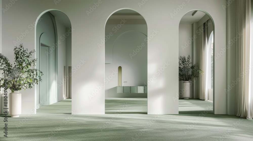 Serene, minimalist interior space featuring a large, open room with a high ceiling, three arched openings, a reflective floor, and a color palette dominated by shades of green and white Serene, minimalist interior space featuring a large, open room with a high ceiling, three arched openings, a reflective floor, and a color palette dominated by shades of green and white