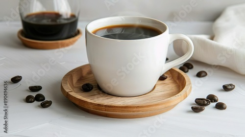Wallpaper Mural Cup of Black Coffee with Coffee Beans on Wooden Saucer Torontodigital.ca