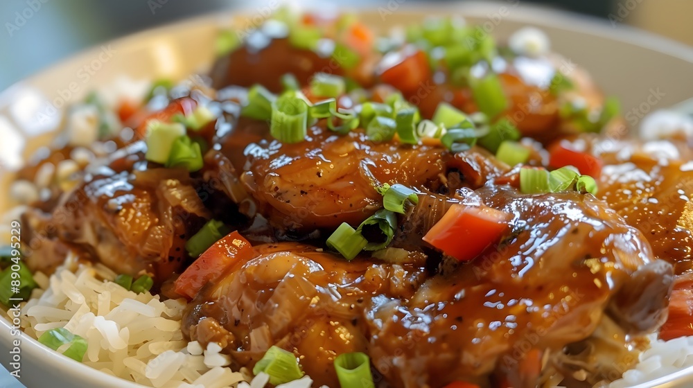 Savory Chicken Stir Fry Served Over Fragrant White Rice on Plate Savory Chicken Stir Fry Served Over Fragrant White Rice on Plate