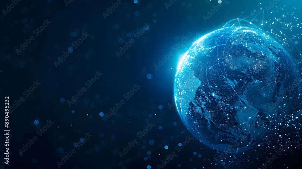 Glowing Planetary Sphere Surrounded by Digital Network and Cosmic Particles Glowing Planetary Sphere Surrounded by Digital Network and Cosmic Particles