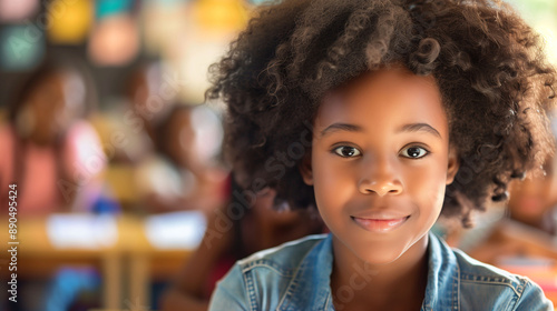 Close up of a cute little black African schoolgirl with amazing afro-hair smiling at the camera. Blurred background of a classroom. Room for copy.